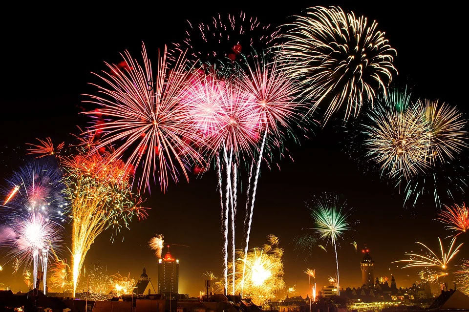New Year’s fireworks over a city.