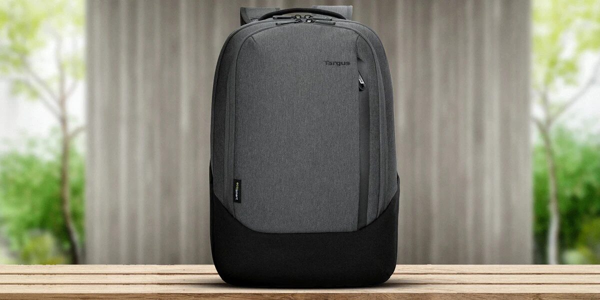 black and grey Targus backpack
