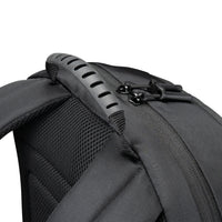 Gray backpack with shoulder strap and padding on a white background