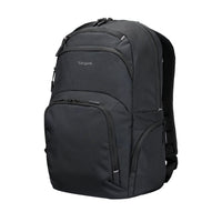 Black backpack with visible brand logo on a white background