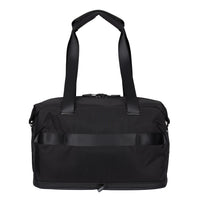 A black nylon duffel bag with dual top handles, a front utility pocket, and a horizontal black strap detail across the front, shown against a plain white background.