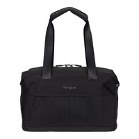 A black Targus tote bag with dual shoulder straps, a front zippered pocket, and a top zipper closure, shown against a plain white background.