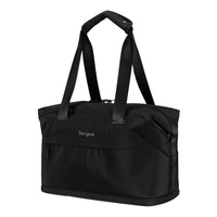 A black Targus tote bag with dual shoulder straps and a top carry handle, shown from a three-quarter angle on a solid white background.
