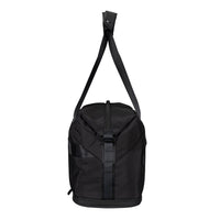 A black cylindrical shoulder bag with a wide adjustable strap, shown against a plain white background.