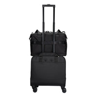 A black rolling duffel bag stacked on top of a black rolling suitcase with an extended telescoping handle, shown against a plain white background.