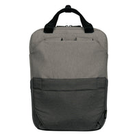 A dual-tone gray backpack with a lighter heather gray upper section and a darker charcoal gray lower pocket, featuring black top handles, shown against a plain white background.