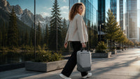 A woman walking on a city sidewalk beside a reflective glass building, carrying a light grey soft-sided backpack totebag.