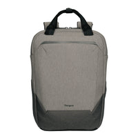 A Targus laptop backpack in heather gray and dark gray, featuring dual top carry handles and a zippered top closure, shown against a plain white background.
