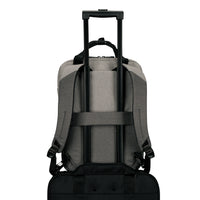 A grey backpack on top of rolling case with an extended telescoping handle and a black bottom carry pouch, shown from the back on a white background.