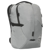 Gray backpack with black straps on a white background