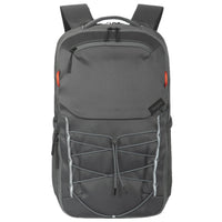 Gray backpack with visible brand logo on a white background