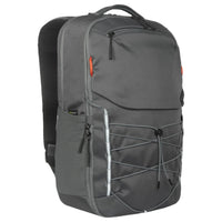 Gray backpack with visible branding on a black background