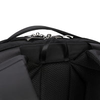 Close-up of a black backpack zip closure on a white background