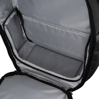 Black backpack interior with open front compartment on a white background