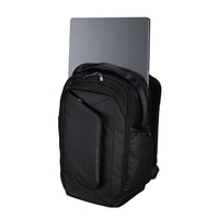 Black backpack with a laptop slot on a white background
