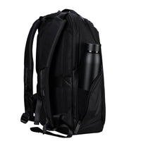 Black backpack with water bottle holder on a white background