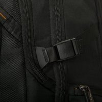 Close-up of a black backpack with a buckle detail