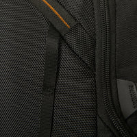 Close-up of a black textured bag with a zipper and visible brand logo.