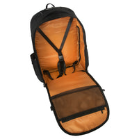 black backpack open to see orange lining