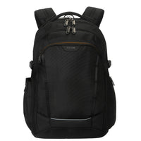 Black backpack with multiple zippers on a white background