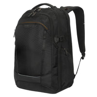 Black backpack with multiple pockets and straps on a white background
