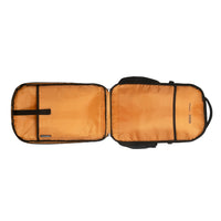 black backpack open to show orange lining and interior pockets