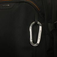 Black backpack with a carabiner and Targus branding