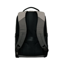 The back view of a gray and black backpack, showing the padded mesh backrest, shoulder straps, and top carry handle against a solid white background.