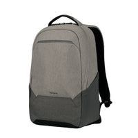 A gray and black Targus laptop backpack shown from a three-quarter angle on a solid white background.
