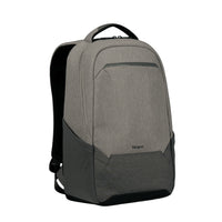 A grey and black heathered backpack with a top handle, shown from a three-quarter angle on a plain white background. The brand name 'Targus' is visible near the bottom front.