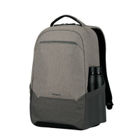 A gray and black Targus backpack shown from a three-quarter angle on a solid white background, featuring a side bottle pocket with a black bottle inserted.