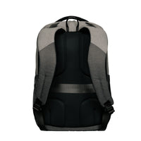 The back view of a gray and black backpack, showing the padded mesh backrest, shoulder straps, and top carry handle against a solid white background.