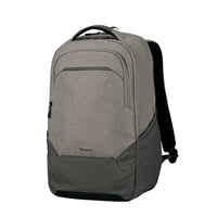 A gray and black heathered laptop backpack with a front zippered pocket, top carry handle, and padded shoulder straps, shown on a plain white background.