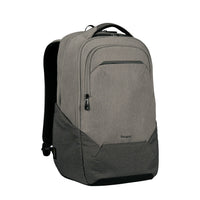 A gray and black Targus laptop backpack shown from a three-quarter angle on a solid white background.