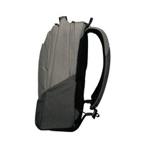A gray and black backpack shown from a side profile view against a solid white background.