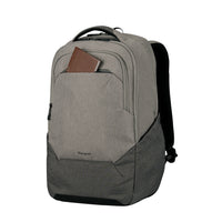 A gray and black Targus backpack with a brown notebook tucked into the front pocket, shown on a plain white background.