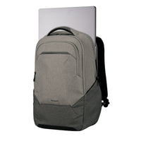 A gray and black heathered laptop backpack with a silver laptop partially inserted, shown on a plain white background.
