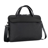 Black briefcase with shoulder strap on a white background