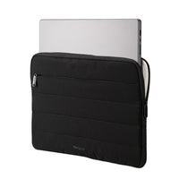 Black laptop sleeve with a silver laptop inside on a white background