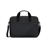 Black laptop bag with shoulder strap on a white background