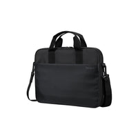 Black laptop bag with a shoulder strap on a white background