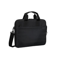 Black briefcase with shoulder strap on a white background