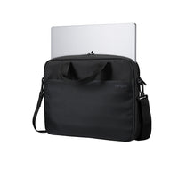 Black laptop bag with a Targus logo containing a white laptop on a white background