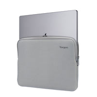 A light gray Targus laptop sleeve holding a silver laptop, shown against a plain white background.