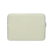 A light sage green neoprene laptop sleeve with a silver zipper, shown flat against a solid white background.