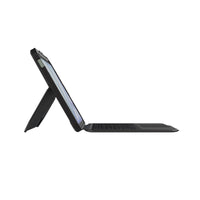 A black tablet keyboard case with an integrated kickstand, shown in profile on a solid white background.
