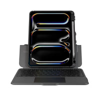 A dark gray tablet case with an attached keyboard and a stylus, shown open on a plain white background. The tablet screen displays a black wallpaper with glossy, iridescent wave-like patterns.