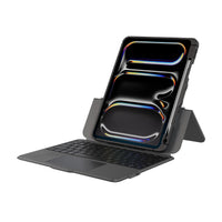 A dark gray tablet case with an attached keyboard and built-in kickstand, shown on a clean white background. The tablet inside displays a colorful abstract wallpaper.