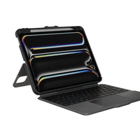 A black tablet case with an attached keyboard and built-in kickstand, shown open on a plain white background. The glossy black interior reflects rainbow-colored light.
