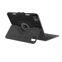 Black protective tablet case with integrated keyboard and kickstand, shown open on a white background.